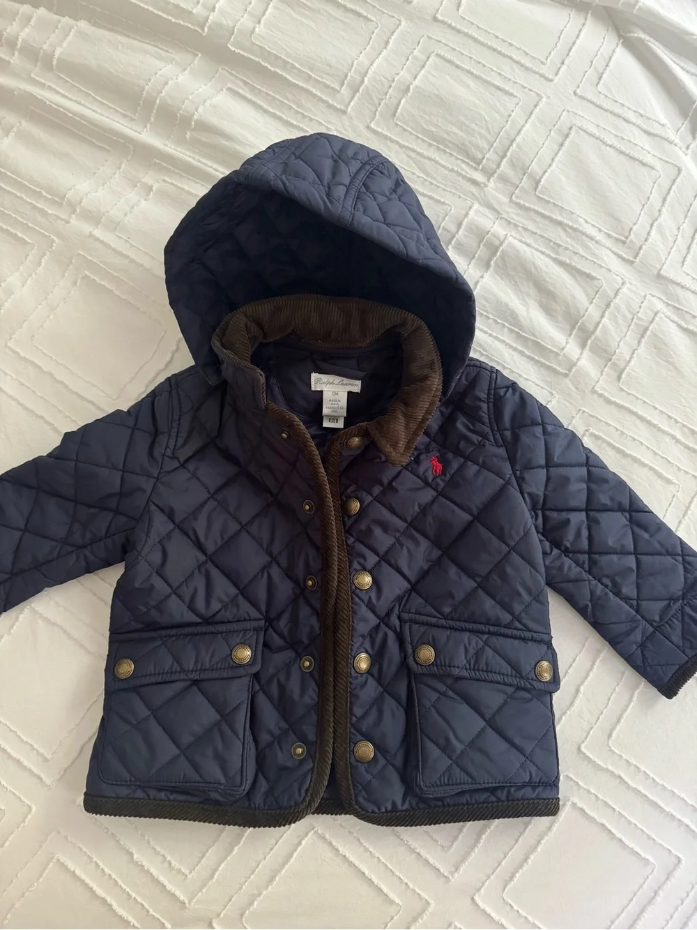 Ralph Lauren Navy Quilted Hooded Baby Coat with Contrast Trim